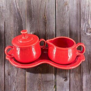 Vintage Fiestaware Ceramic Sugar And Creamer With Tray Fiesta USA Pottery Red